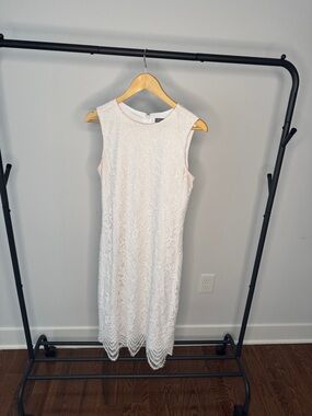 Sharagano White Sleeveless Lace-Overlay Midi Dress